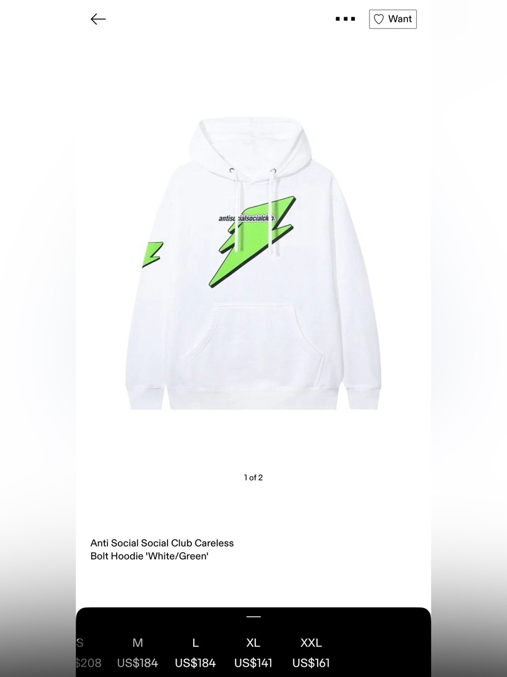 Anti Social Social Club careless bolt heavy baggy white/green hoodie - SIZE XXL - Picture 9 of 9